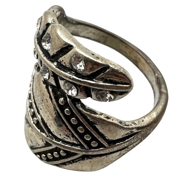 Boho Chic Leaf Motif Wrap Ring Distressed Silver Tone Rhinestones Whimsy Fairy - Picture 2 of 10